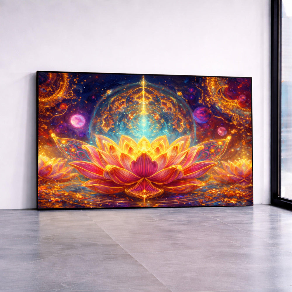 Radiant Lotus Flower Canvas, Spiritual Glow Wall Art, Mystical Garden Decor, Vibrant Floral Painting, Meditation Room Canvas Print Art