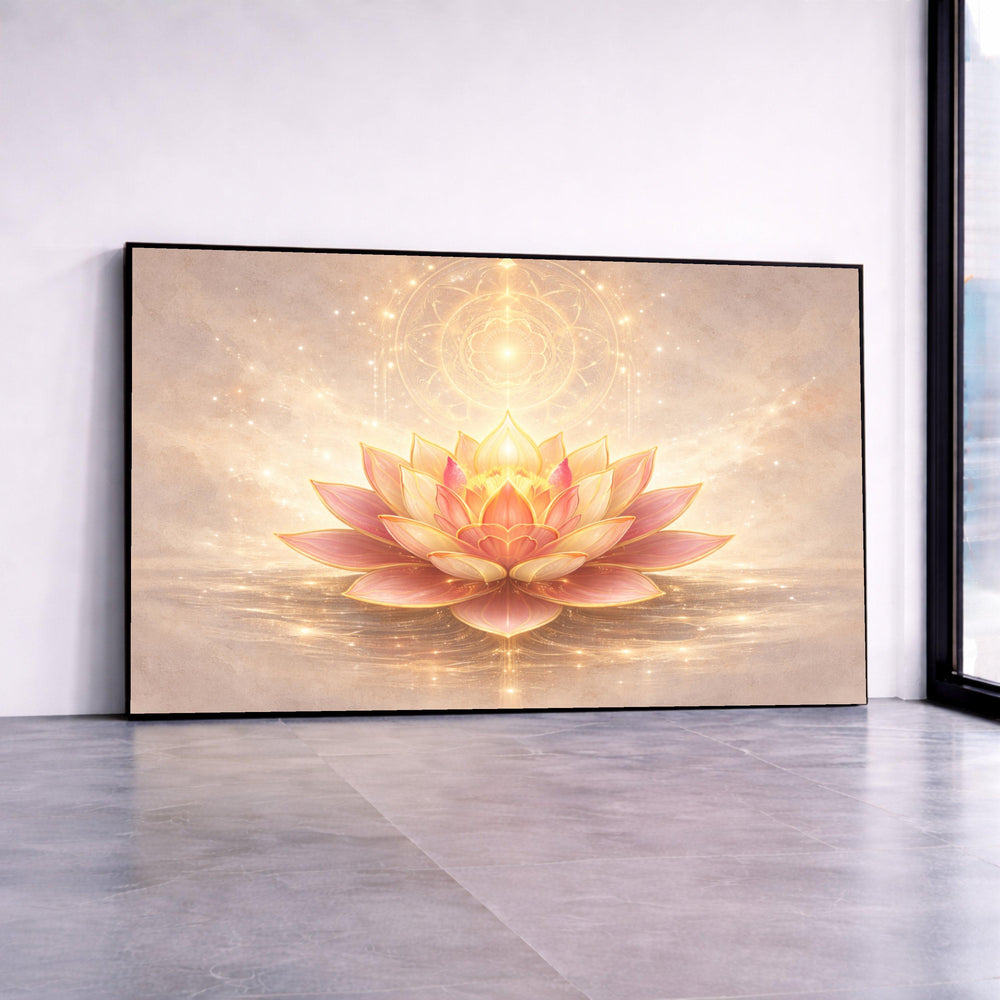 Radiant Lotus Blossom Canvas, Spiritual Flower Wall Art, Glowing Mandala Decor, Meditation Room Canvas, Zen Home Decoration Canvas Print Art