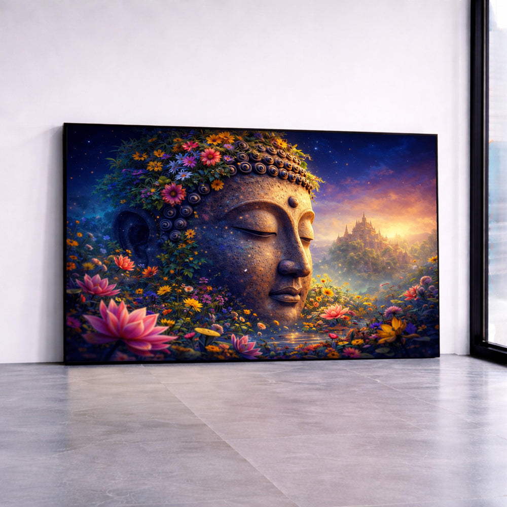 Tranquil Buddha Head with Blooming Flowers Canvas, Spiritual Meditation Wall Art, Zen Garden Landscape, Serene Nature Canvas Print Art