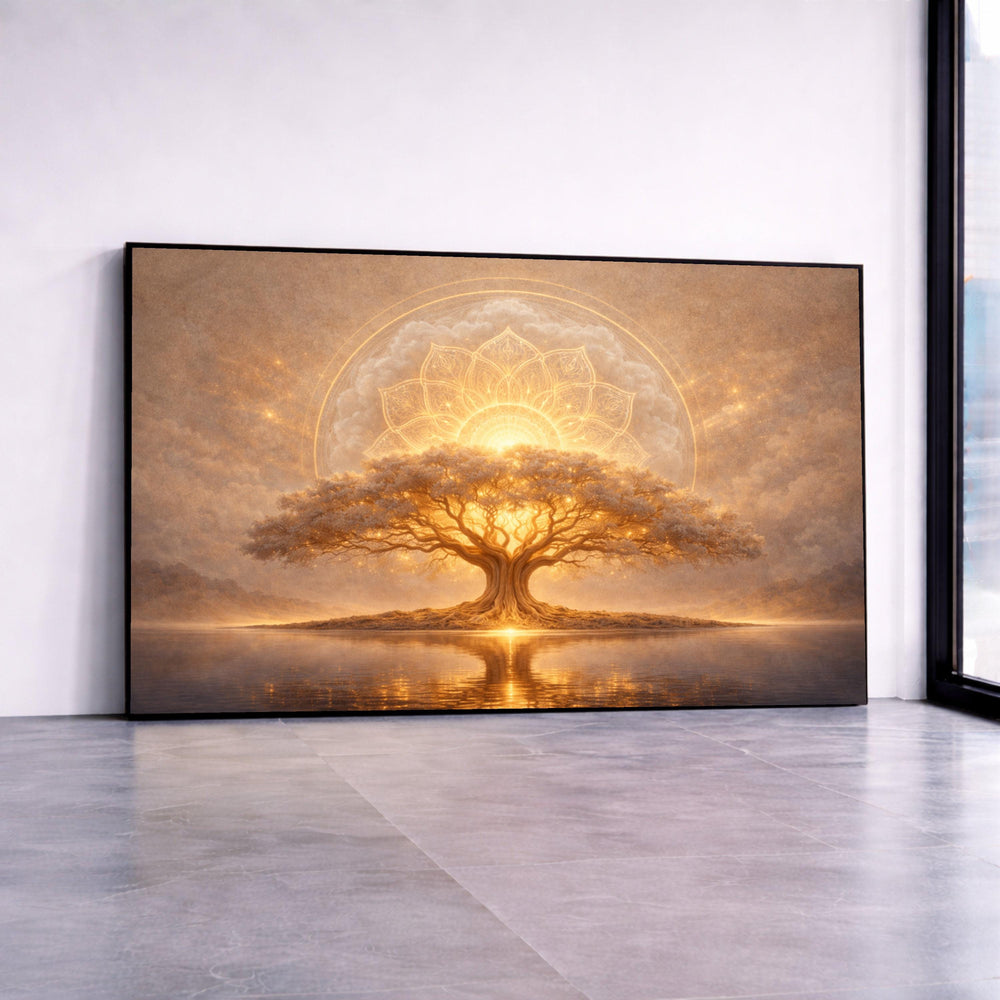 Enchanted Glowing Tree Canvas, Mystical Nature Scene, Spiritual Mandala Wall Art, Golden Light Reflection, Tranquil Canvas Print Art