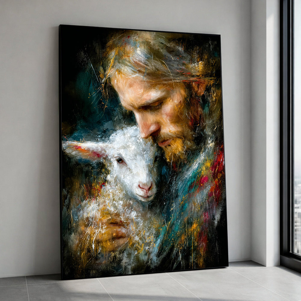 Tender Shepherd Embrace, Lamb and Man Canvas, Spiritual Animal Wall Art, Rustic Farmhouse Decor, Heartfelt Nature Canvas, Canvas Print Art