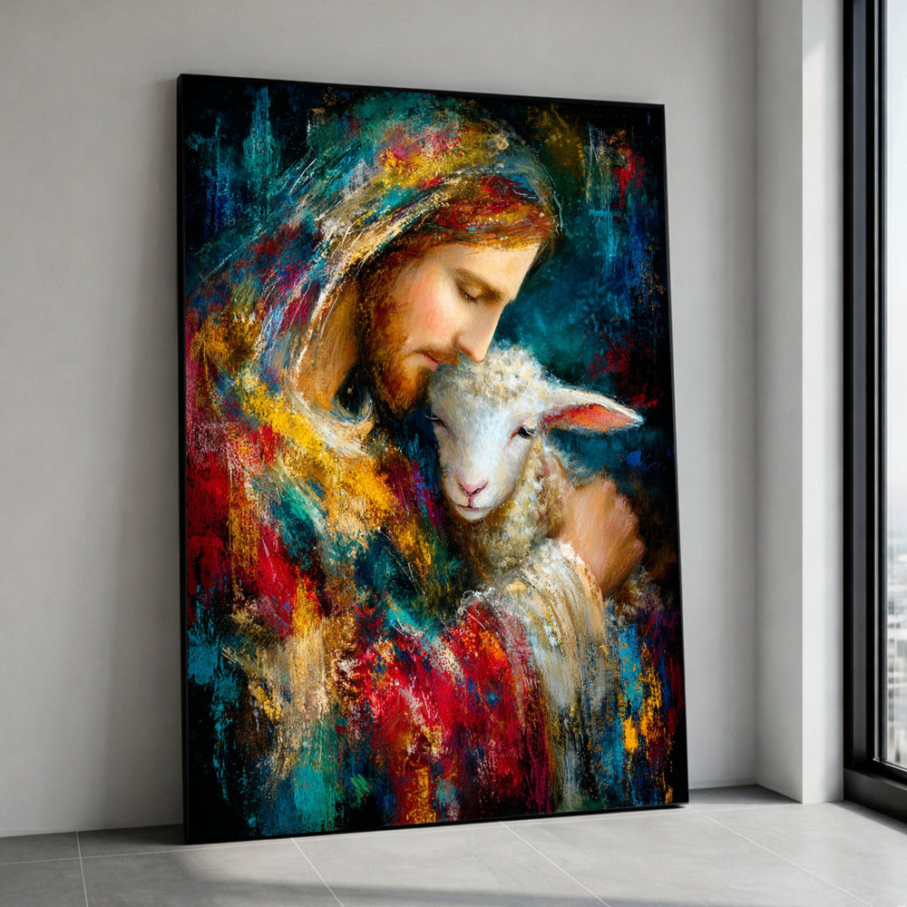 Gentle Shepherd Embrace Canvas, Jesus and Lamb Painting, Religious Wall Art, Spiritual Home Decor, Inspirational Christian Canvas Print Art