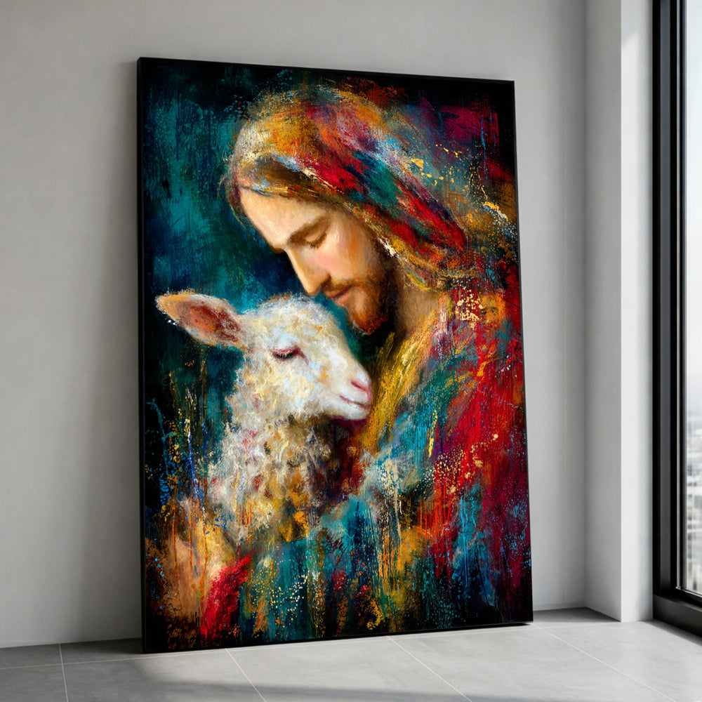Gentle Shepherd and Lamb Canvas, Spiritual Animal Love Wall Art, Colorful Abstract Religious Canvas, Inspirational Home Canvas Print Art