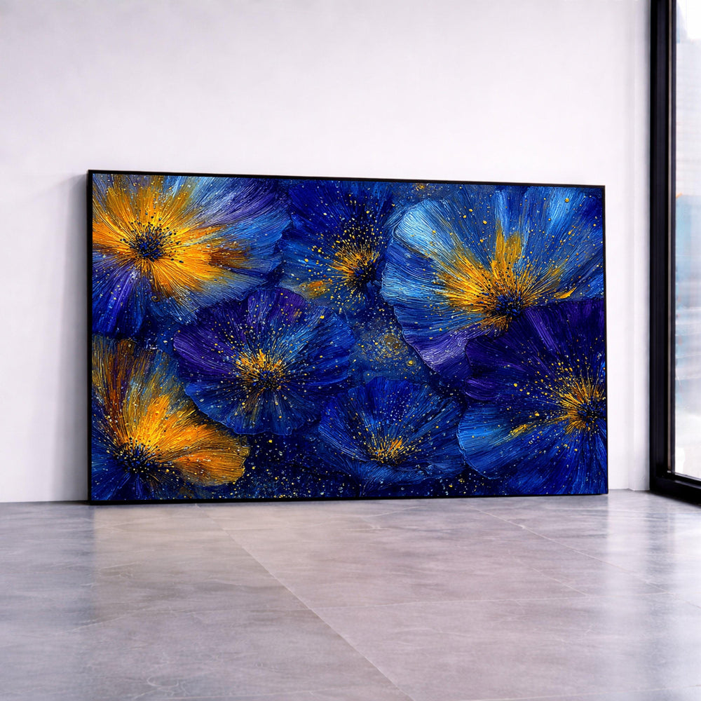 Vibrant Blue and Gold Floral Canvas, Abstract Flower Wall Art, Modern Home Decoration, Luminous Bloom Design, Ready to Hang Canvas Print Art
