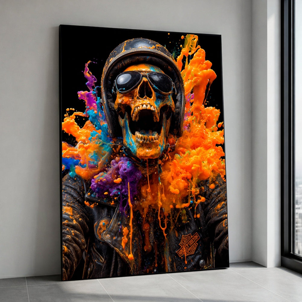 Vivid Skull Rider Canvas Wall Art, Motorcycle Helmet Art, Color Splash Design, Edgy Skull Canvas, Bold Wall Decor for Home Canvas Print Art
