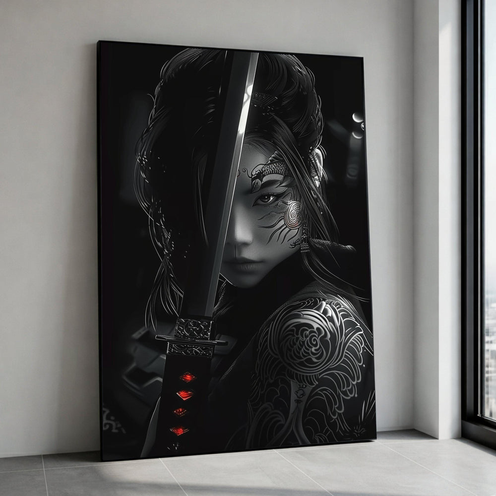 Fierce Samurai Woman Canvas, Koi Fish Tattoo Art, Japanese Warrior Portrait, Dark Atmospheric Wall Art, Ready to Hang Canvas Print Art