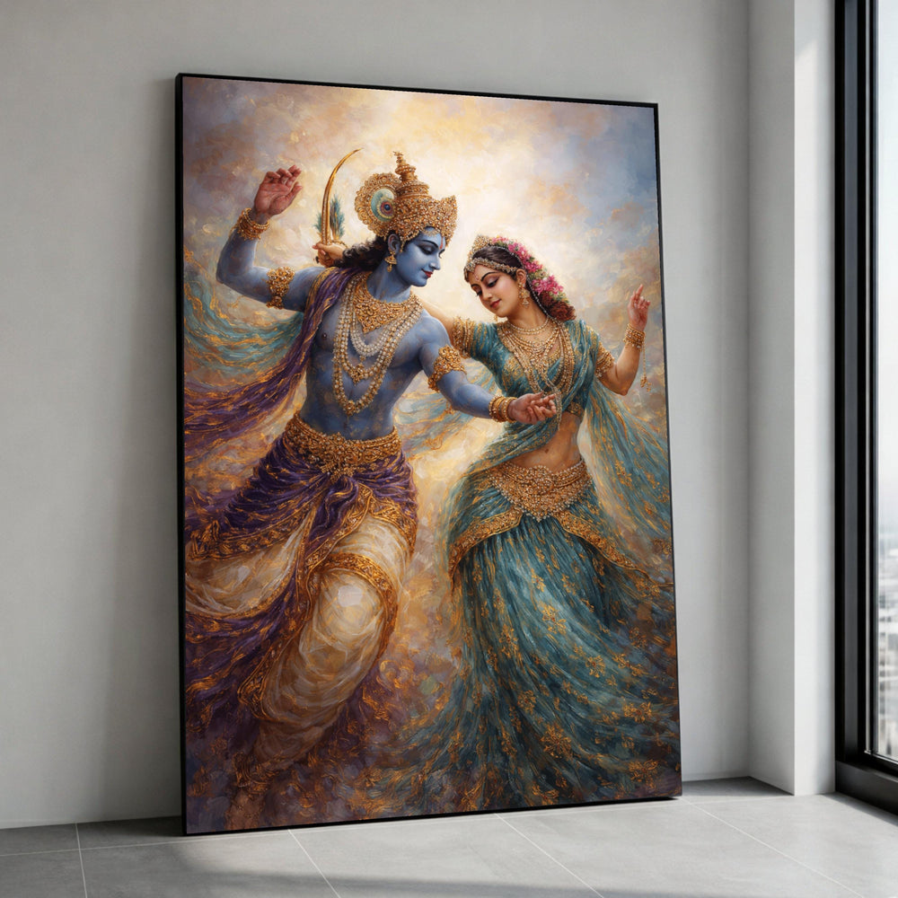 Divine Krishna and Radha Dancing, Traditional Indian Canvas Wall Art, Spiritual Couple Painting, Elegant Home Decoration, Canvas Print Art