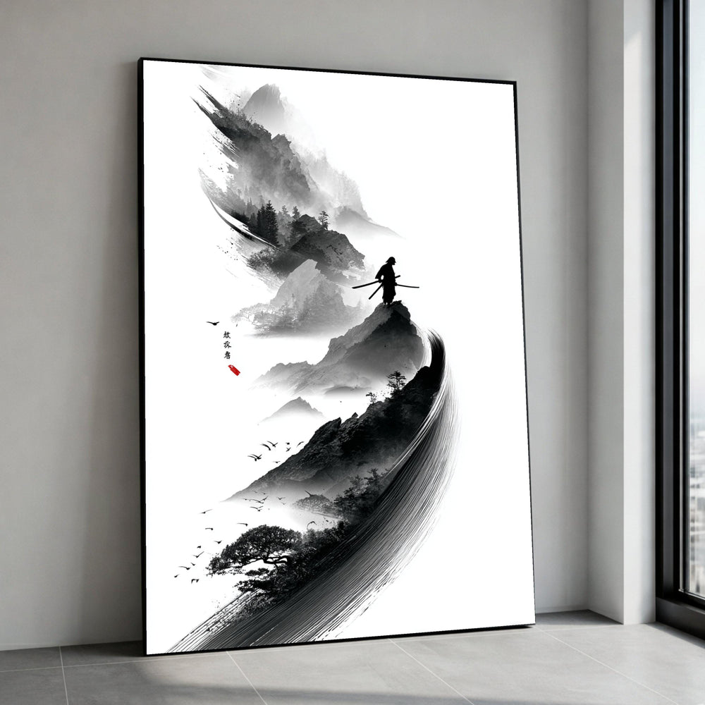 Samurai Silhouette with Mountain Landscape Canvas, Japanese Ink Art Print, Zen Nature Scene Wall Art, Black and White Canvas Print Art