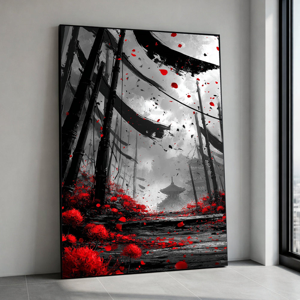 Red Blossoms Pathway, Asian Pagoda Canvas, Dramatic Floral Wall Art, Black White and Red Canvas, Mystical Garden Scene Canvas Print Art