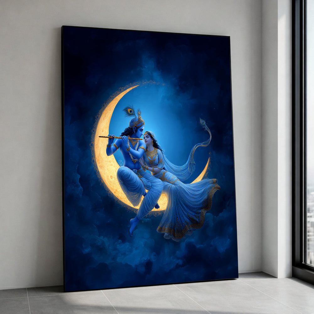 Divine Krishna and Radha on Crescent Moon Canvas, Romantic Indian Mythology Wall Art, Spiritual Blue Decor, Ethereal Night Canvas Print Art