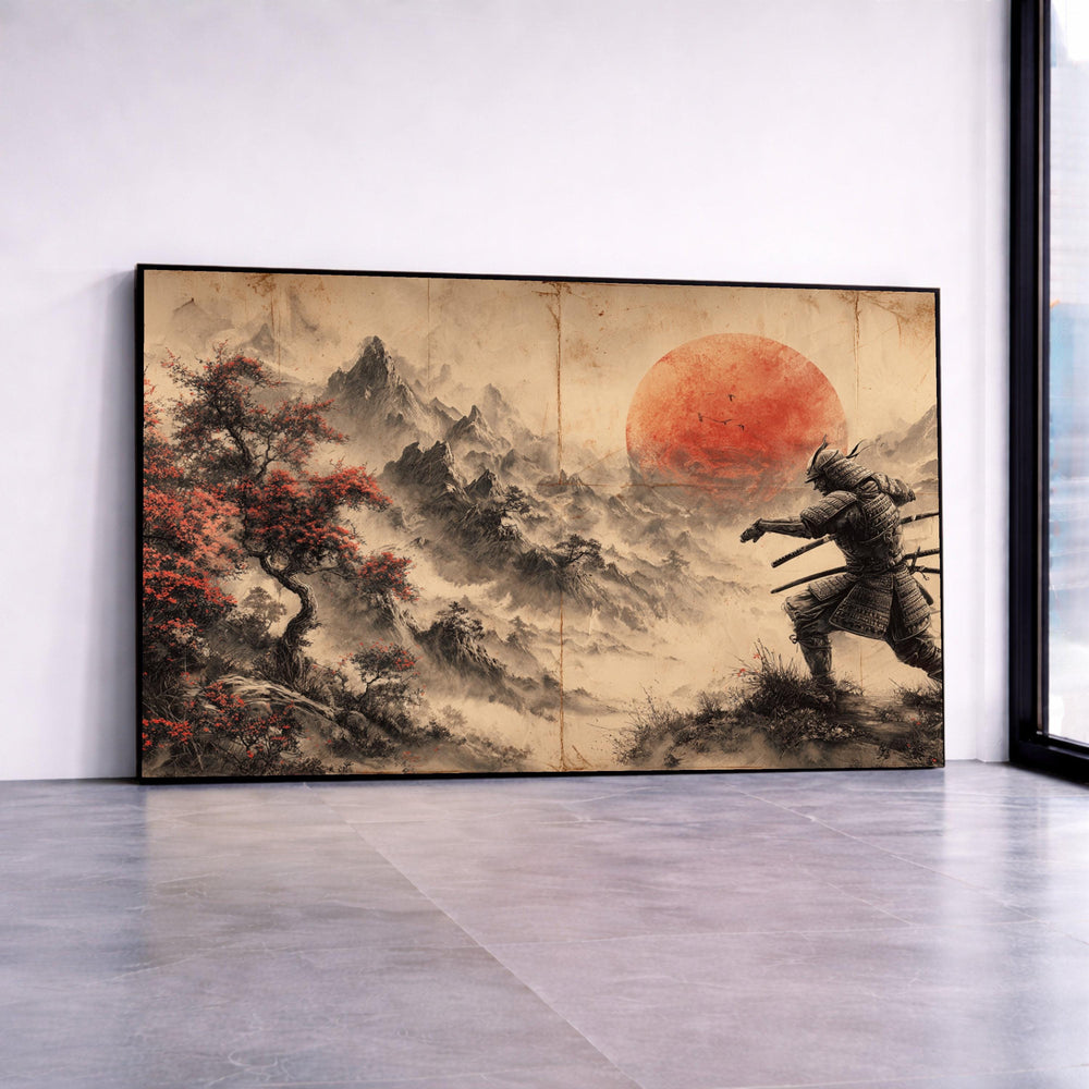 Ancient Samurai Warrior Canvas, Japanese Mountain Landscape, Red Sun Wall Art, Sakura Tree Decoration, Oriental Canvas Canvas Print Art