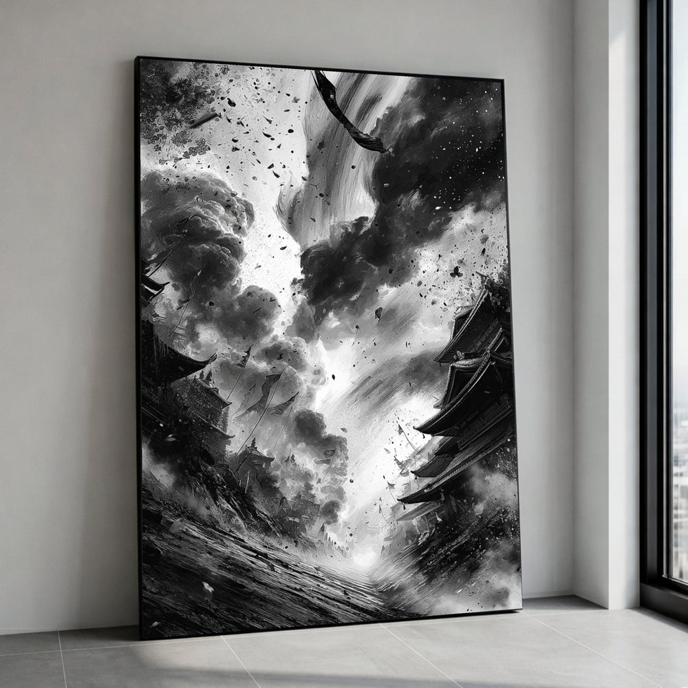 Dramatic Storm Over Ancient Japanese Village Canvas, Black and White Landscape Art, Atmospheric Wall Decor, Historic Canvas Print Art