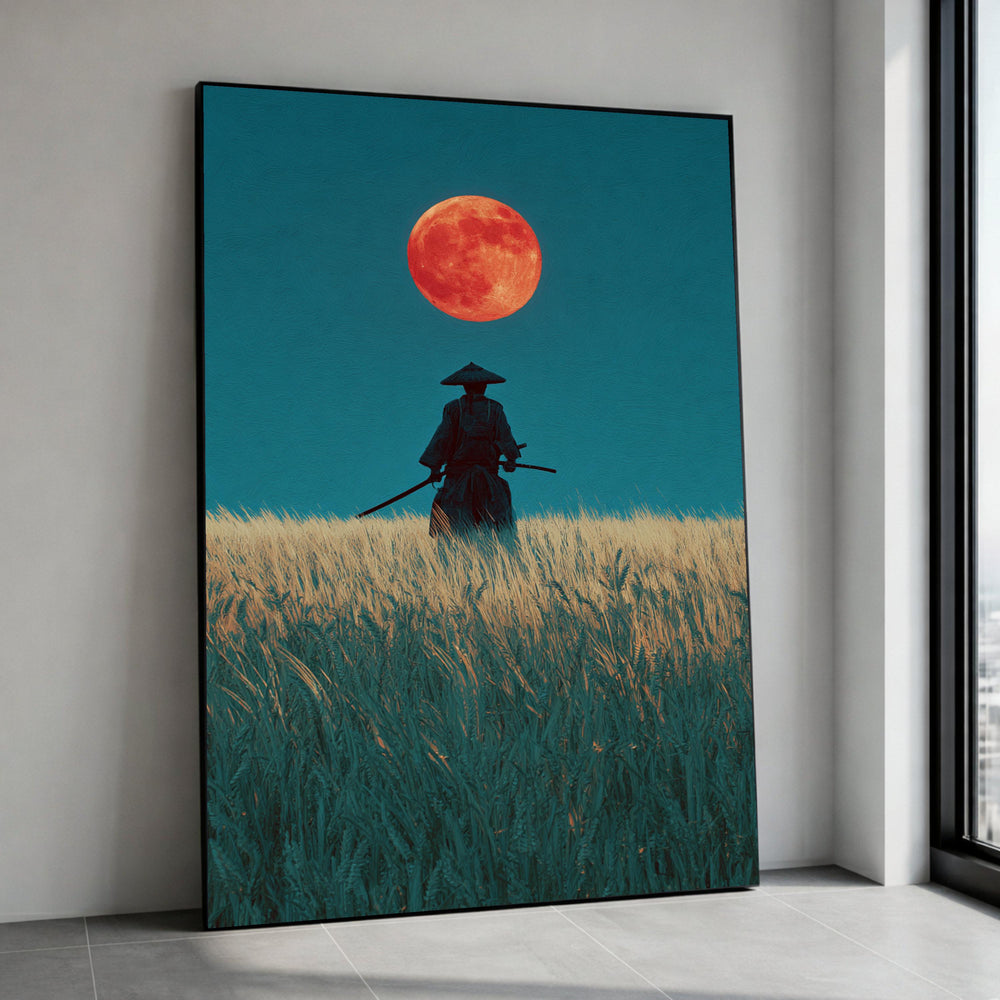 Lone Samurai Under Red Moon Canvas, Asian Warrior Wall Art, Night Sky Landscape, Field Scene Decor, Dramatic Moon Canvas Canvas Print Art