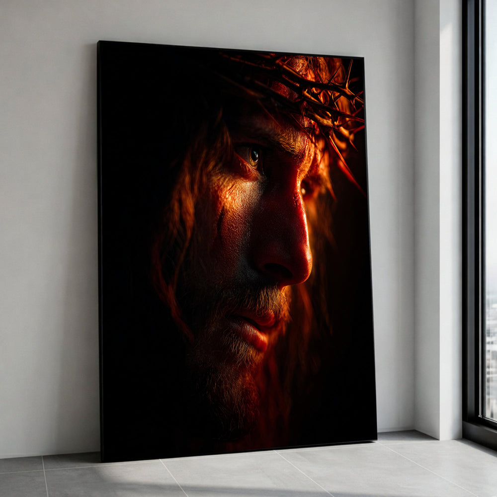 Intense Side Profile Canvas, Crown of Thorns Portrait, Dramatic Lighting Wall Art, Emotional Religious Canvas, Spiritual Canvas Print Art