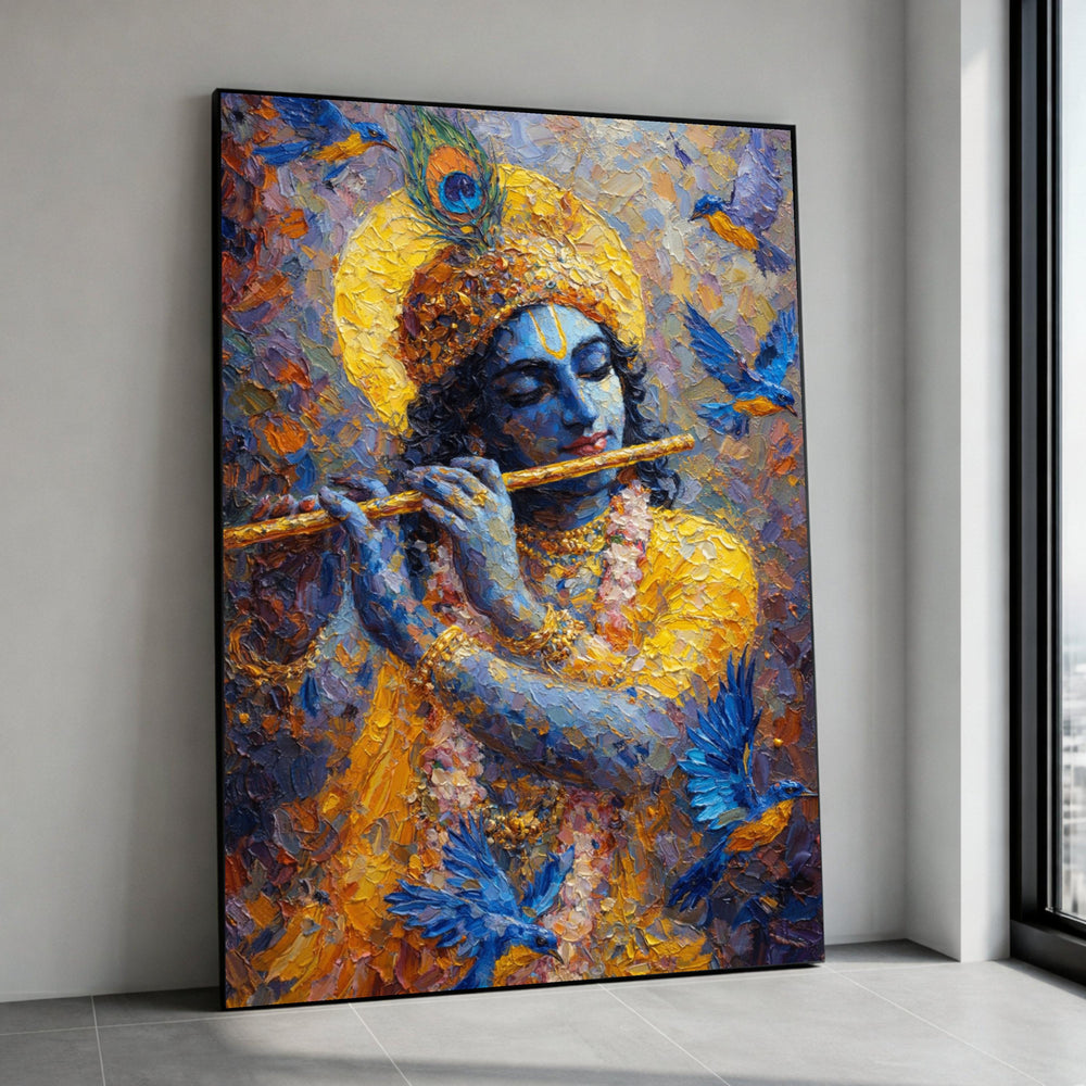 Divine Krishna Playing Flute Canvas, Blue Peacock Feather Art, Spiritual Indian Wall Decor, Colorful Bird Theme Canvas, Canvas Print Art
