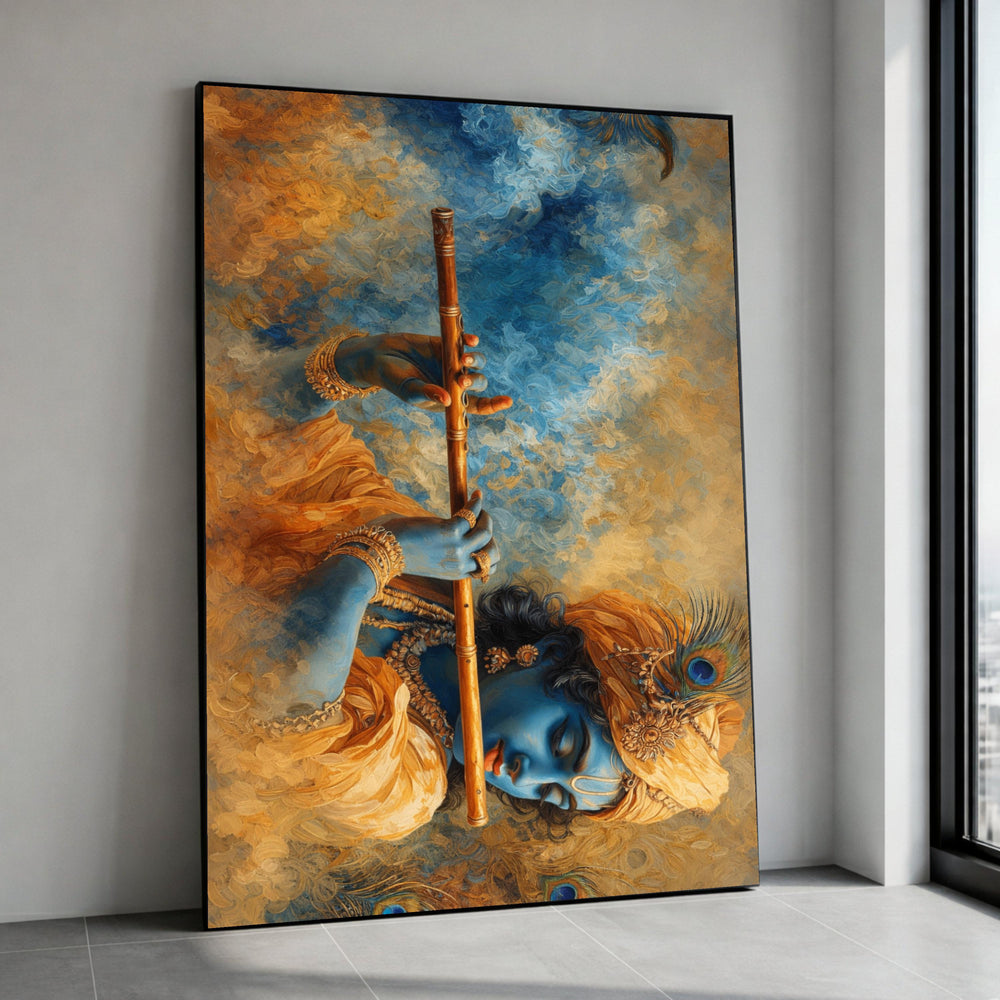 Blue Krishna Playing Flute Canvas, Indian Mythology Art, Spiritual Wall Decor, Divine Figure Painting, Ornate Jewelry Canvas Print Art