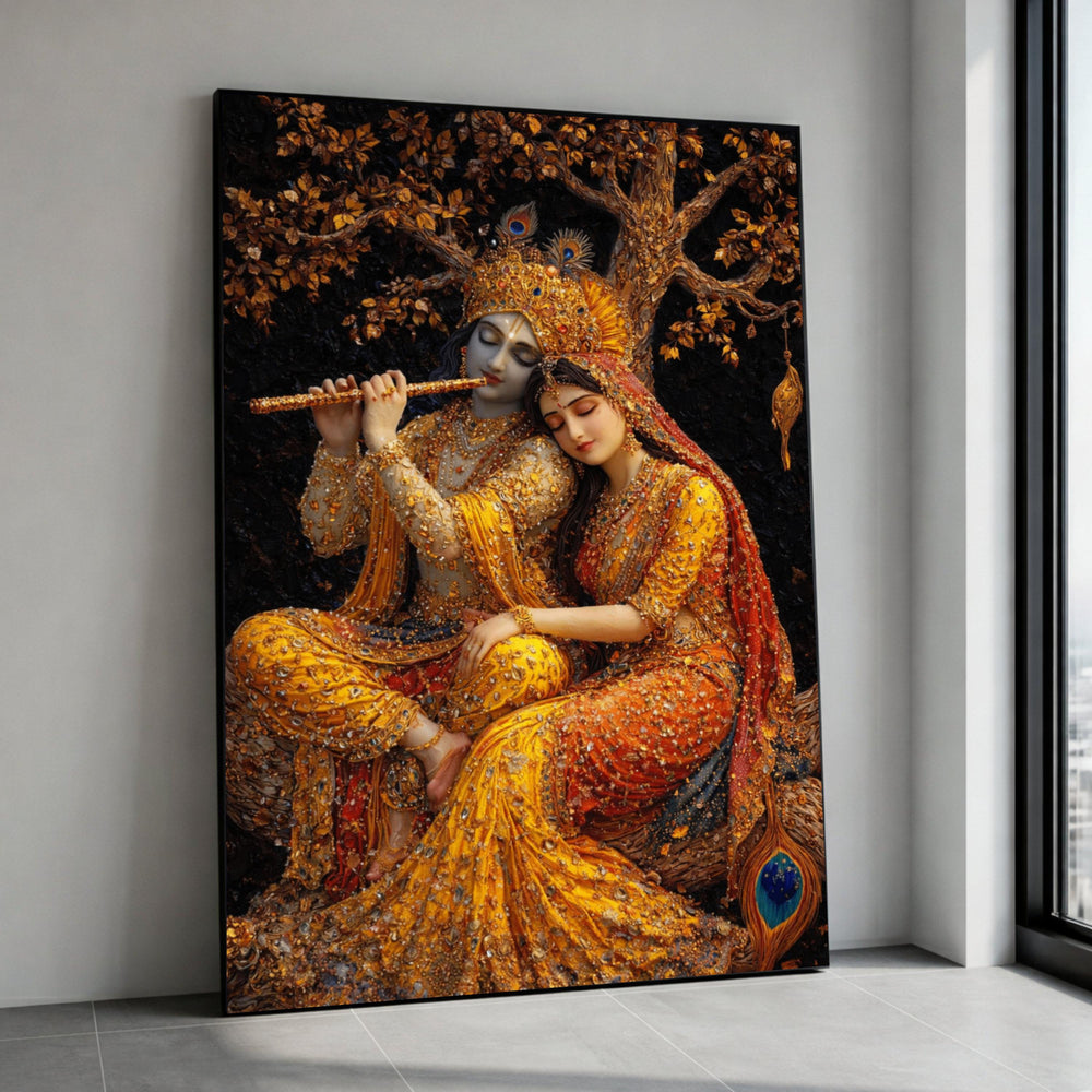 Krishna and Radha Romantic Scene Canvas, Indian Traditional Art, Mythological Wall Art, Spiritual Couple Canvas, Home Decor Canvas Print Art