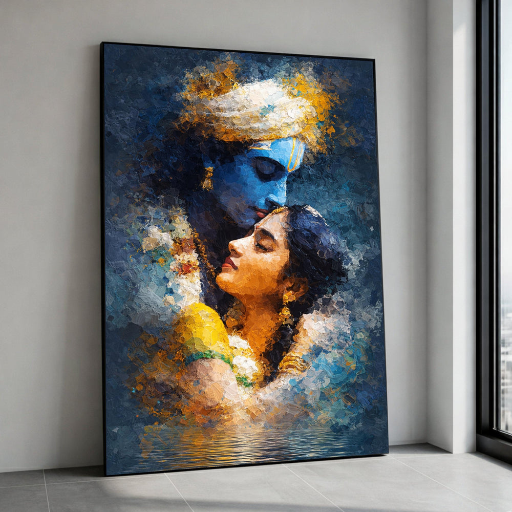 Divine Love Embrace Canvas, Krishna Radha Wall Art, Spiritual Indian Art, Romantic Couple Canvas, Emotional Home Decoration Canvas Print Art