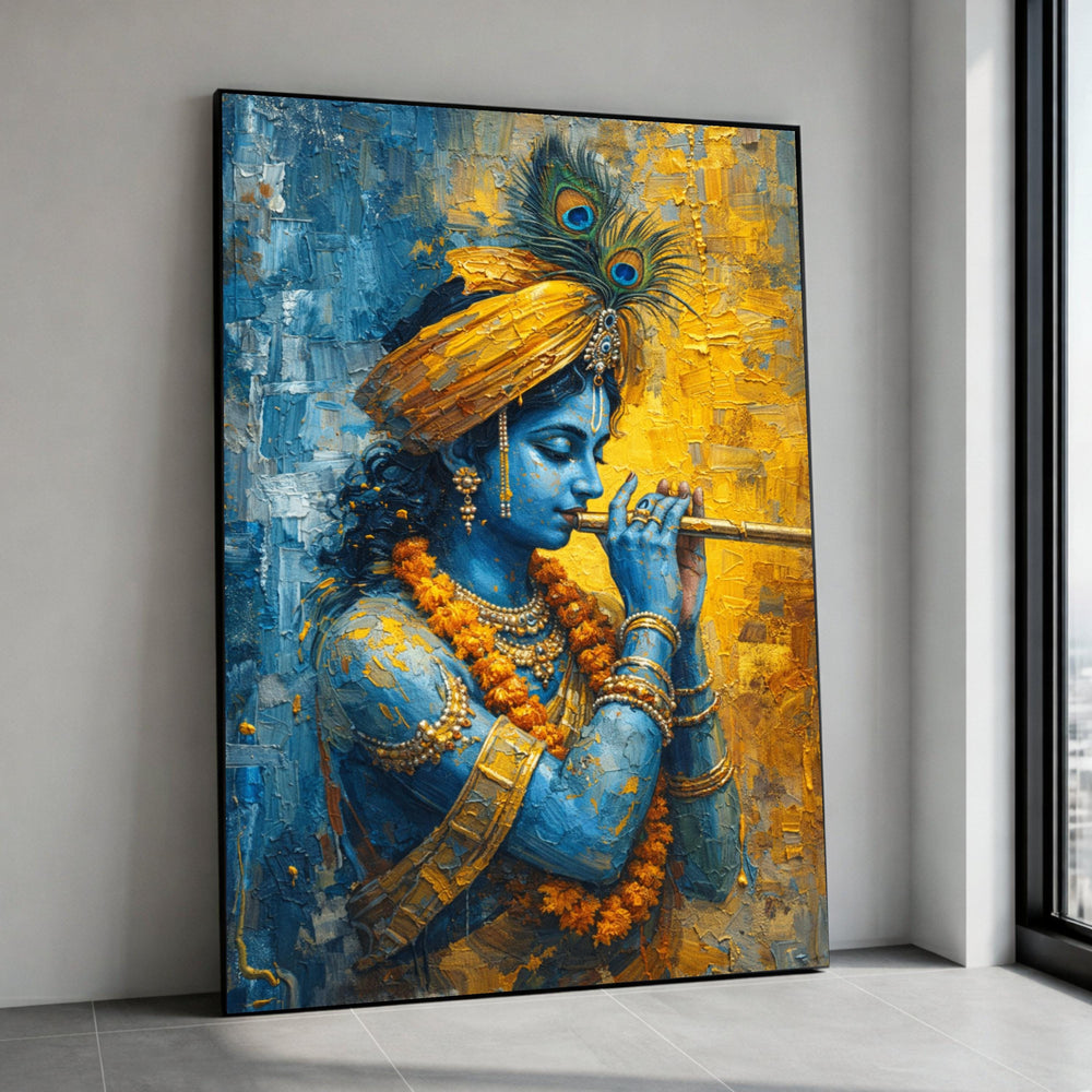Blue Krishna Playing Flute Canvas, Indian Mythology Art, Spiritual Wall Decoration, Vibrant Religious Canvas, Elegant Home Canvas Print Art