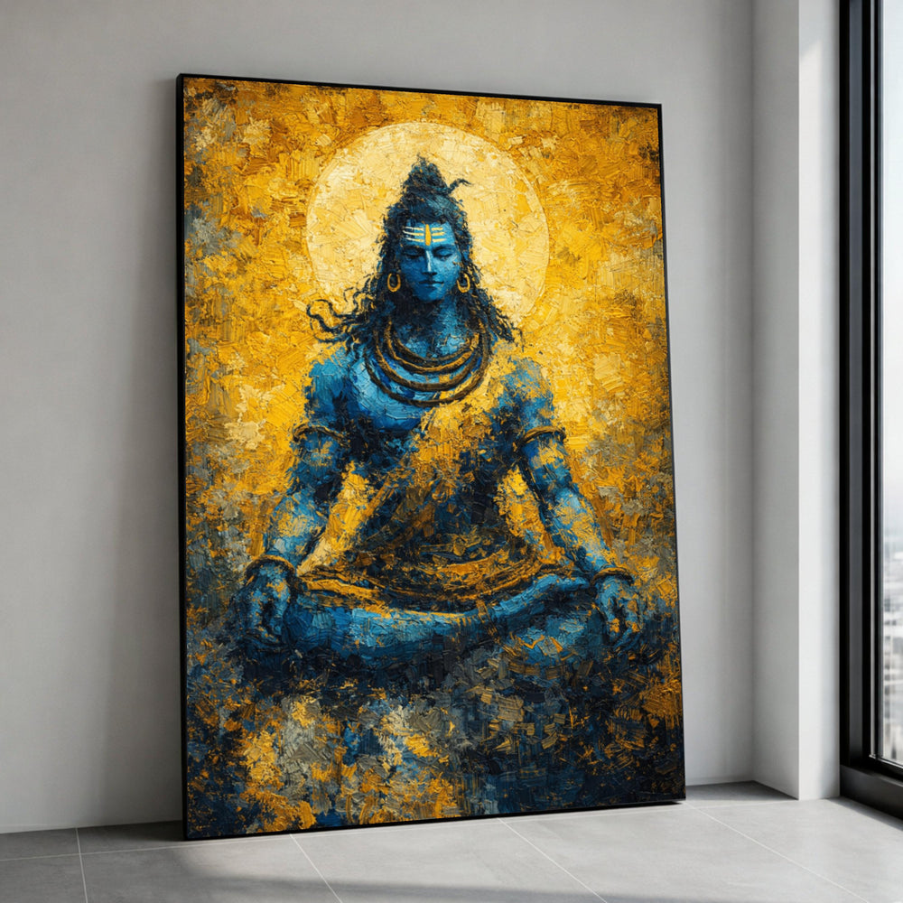 Meditative Lord Shiva Canvas Wall Art, Blue and Gold Spiritual Painting, Hindu God Decor, Yoga Room Wall Art, Meditation Canvas Print Art