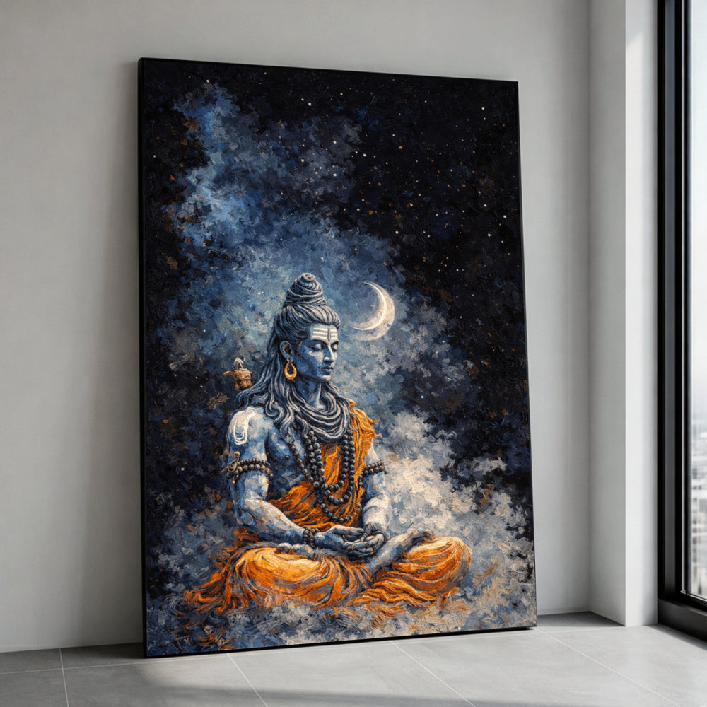 Meditative Shiva Canvas Wall Art, Spiritual Hindu Deity Painting, Crescent Moon Night Sky, Orange Robe Home Decoration, Canvas Print Art