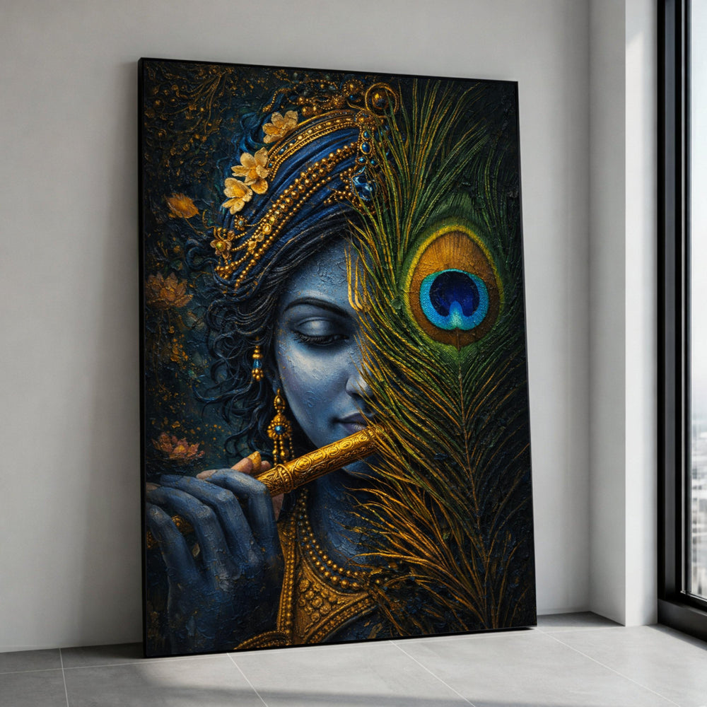 Divine Krishna Portrait Canvas, Peacock Feather Art, Indian Mythology Wall Decor, Spiritual Canvas Wall Art, Ready to Hang Canvas Print Art