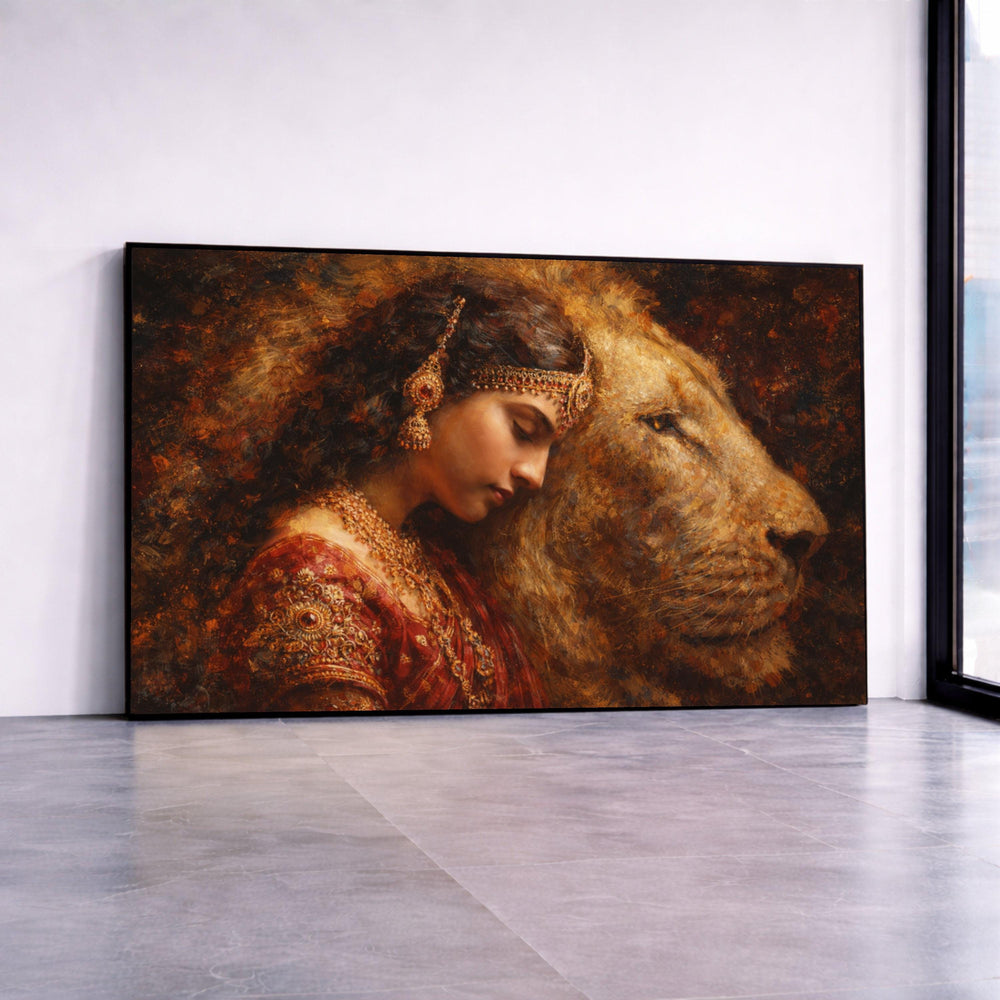 Regal Woman with Lion Portrait Canvas, Majestic Animal Wall Art, Exotic Indian Attire Painting, Elegant Home Decoration, Canvas Print Art