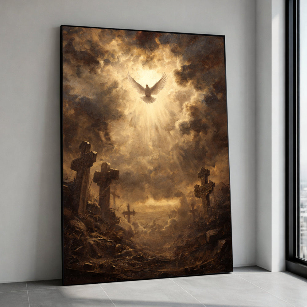 Radiant Dove Ascending, Spiritual Light Canvas, Peaceful Heaven Wall Art, Religious Cross Landscape, Inspirational Canvas Canvas Print Art