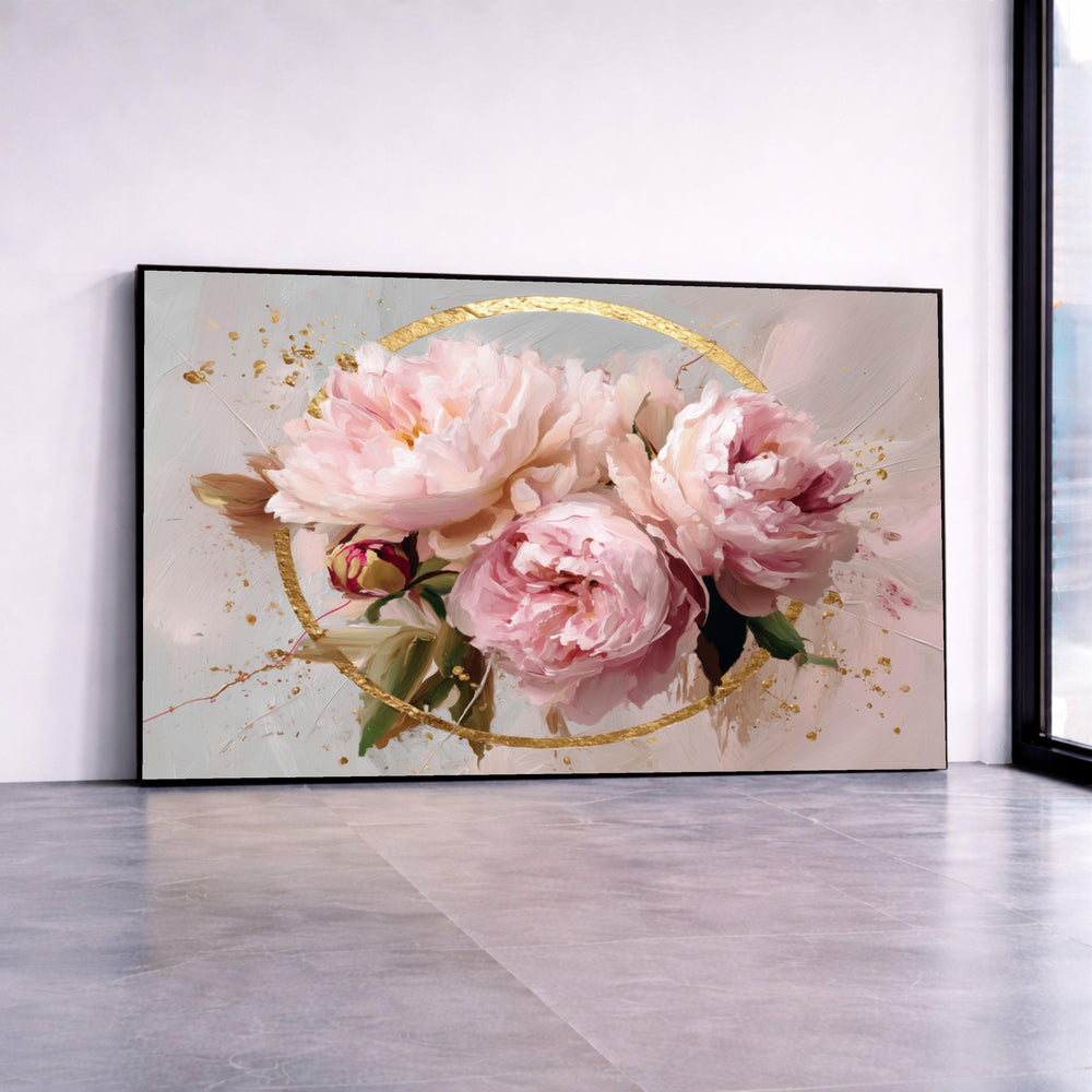 Elegant Pink Peonies Canvas, Floral Wall Art, Gold Circle Accent, Soft Pastel Flowers, Romantic Home Decor Canvas, Ready to Canvas Print Art