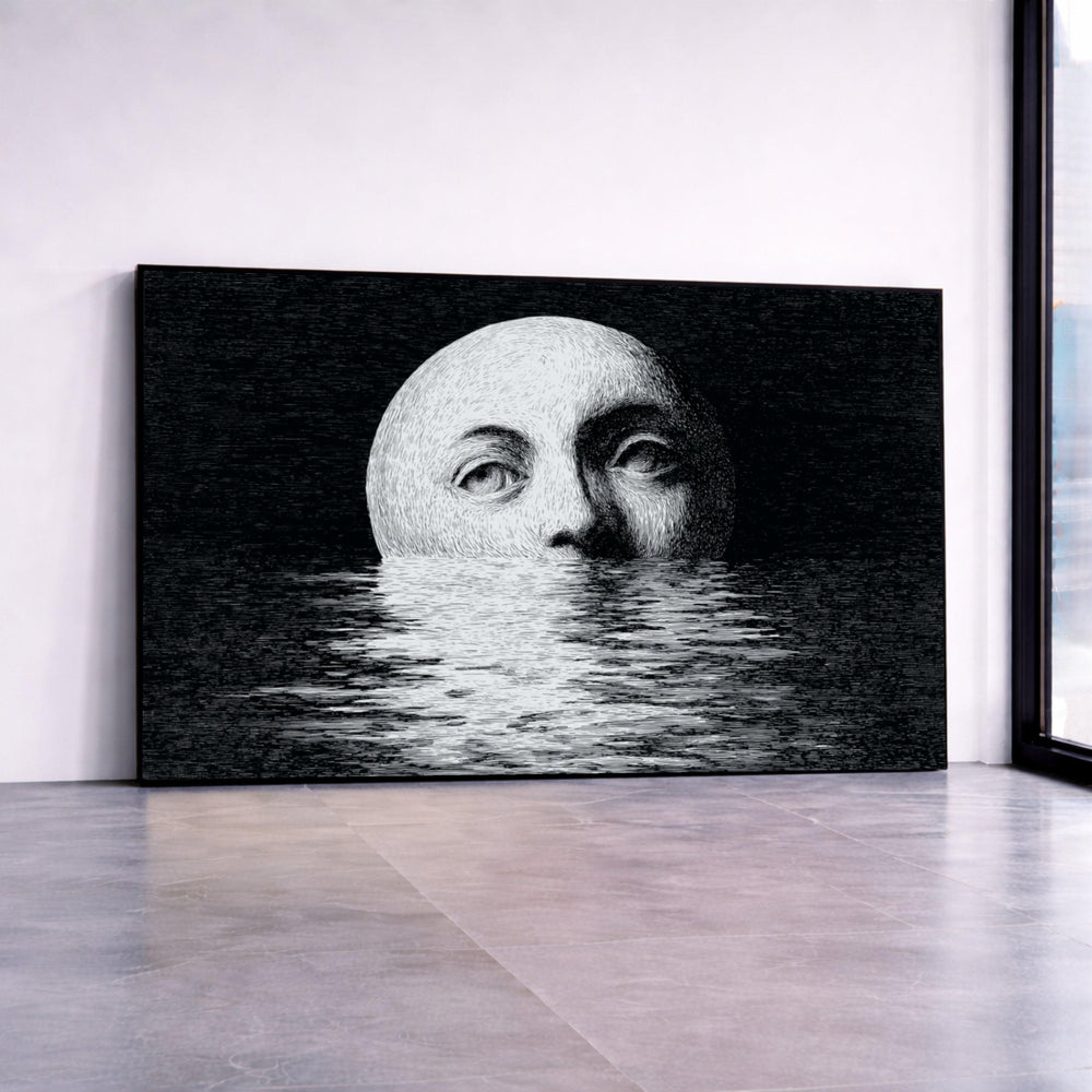 Surreal Moon Face Canvas, Black and White Wall Art, Mystical Night Sky Illustration, Abstract Home Decor Canvas, Modern Art Canvas Print Art