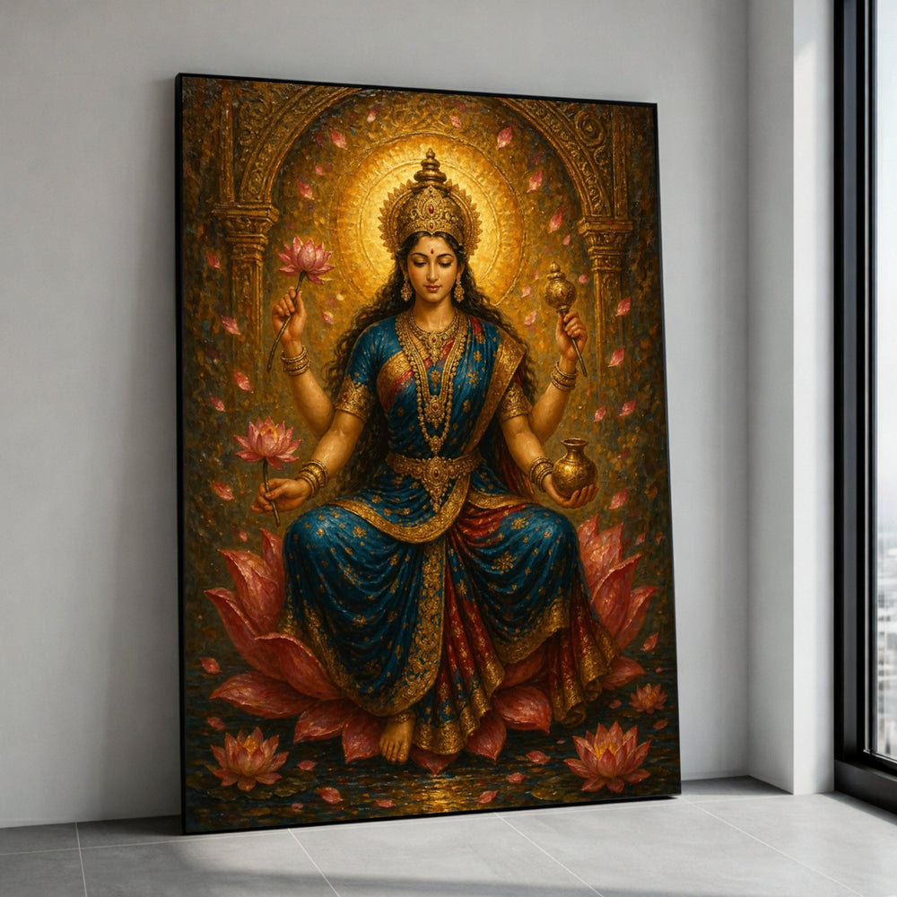 Hindu Goddess Lakshmi Canvas Wall Art, Spiritual Indian Deity Painting, Lotus Flower Decoration, Divine Feminine Art, Ready Canvas Print Art