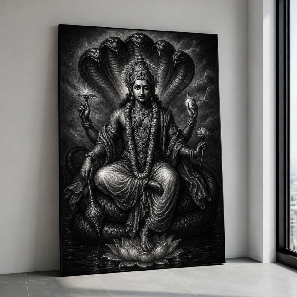 Indian God Vishnu Canvas Wall Art, Spiritual Hindu Deity Painting, Serene Divine Figure on Lotus, Sacred Snake Background, Canvas Print Art