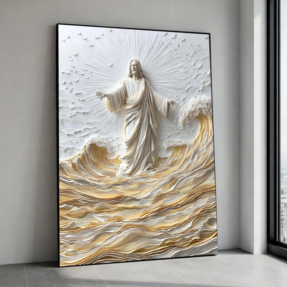 Jesus Walking on Water Canvas, Inspirational Religious Wall Art, Spiritual Christian Decor, Heavenly Light Artwork, Faith Canvas Print Art