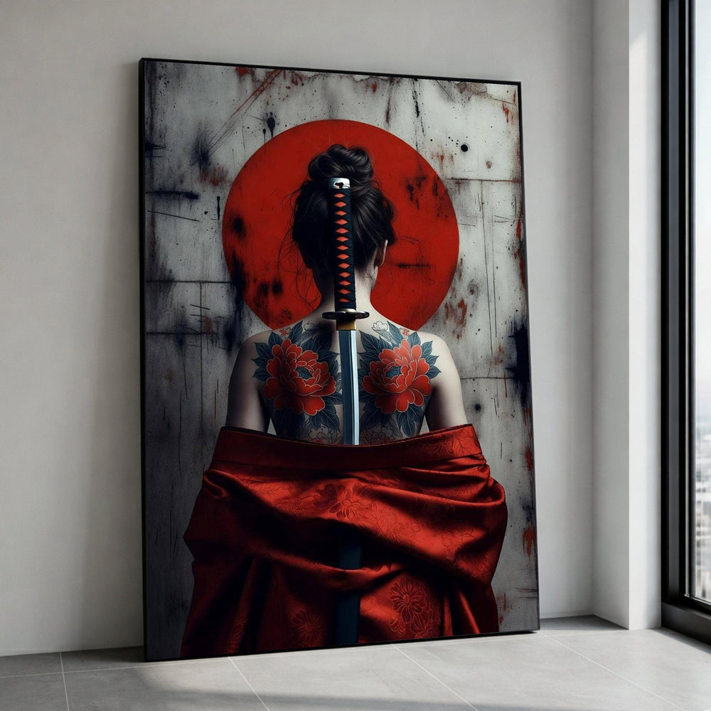 Samurai Woman with Sword and Floral Tattoos Canvas, Japanese Red Circle Wall Art, Asian Warrior Home Decoration, Modern Canvas Print Art