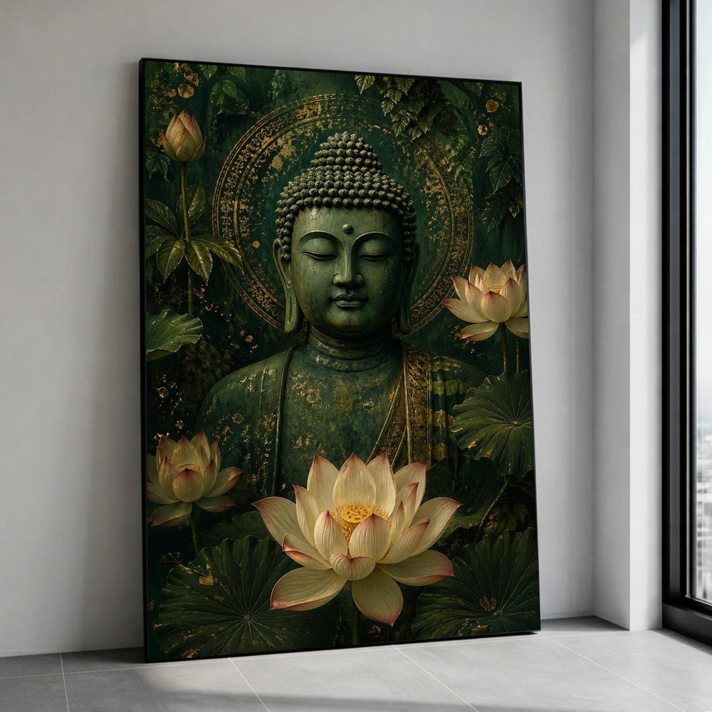 Serene Buddha Head Canvas, Lotus Flower Wall Art, Spiritual Meditation Decor, Tranquil Green Botanical Canvas, Zen Home Canvas Print Art