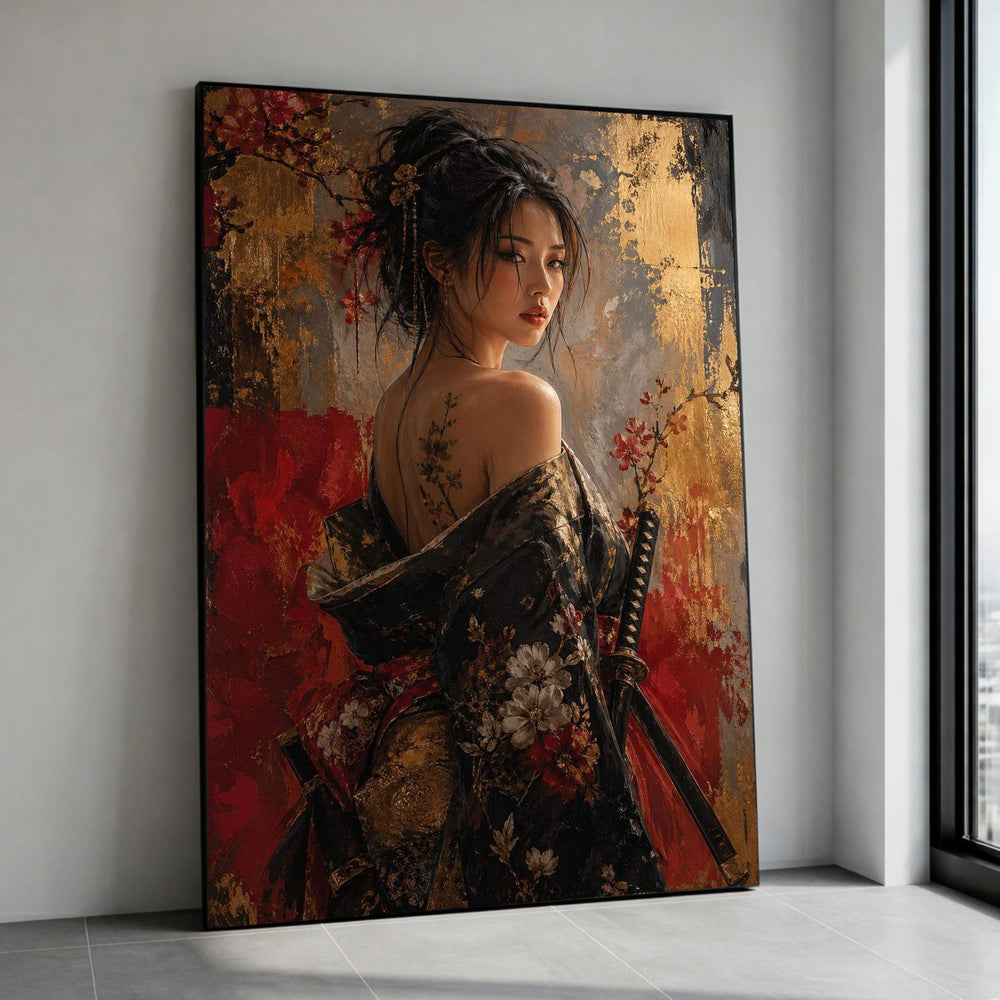 Elegant Geisha Woman Canvas, Floral Kimono Wall Art, Japanese Sword Portrait, Asian Beauty Canvas, Oriental Home Decoration Canvas Print Art