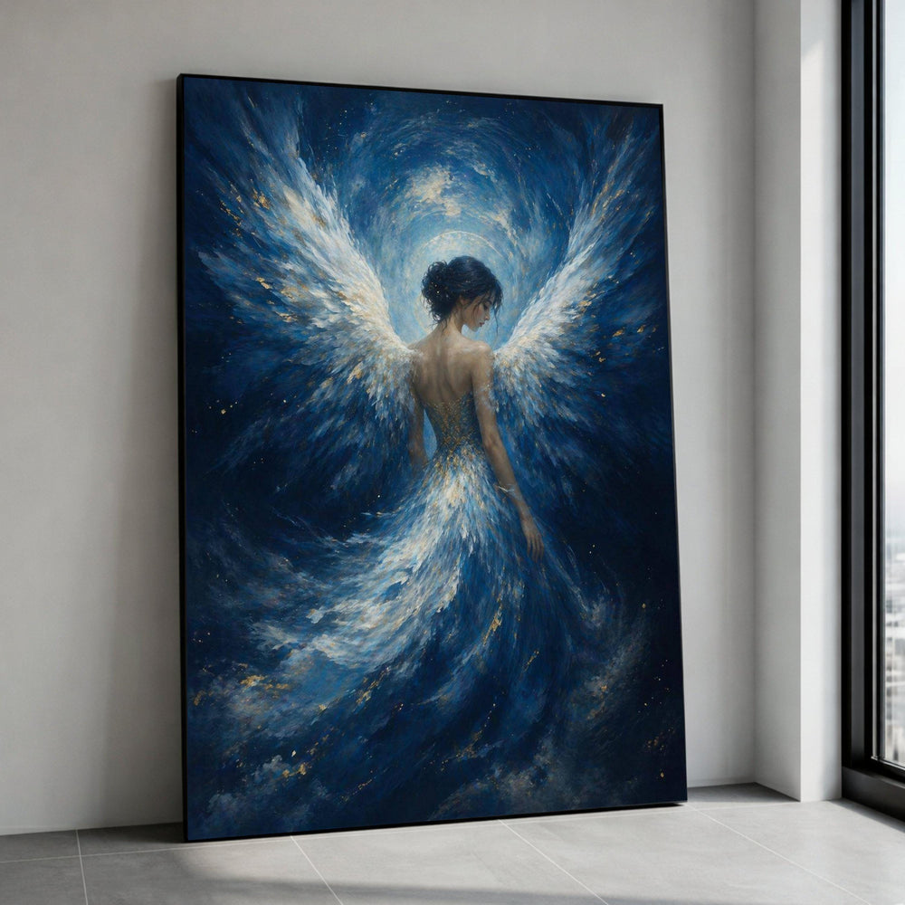 Ethereal Angel Blue Dress Canvas, Fantasy Winged Woman Wall Art, Mystical Heavenly Figure Canvas, Spiritual Home Decoration Canvas Print Art