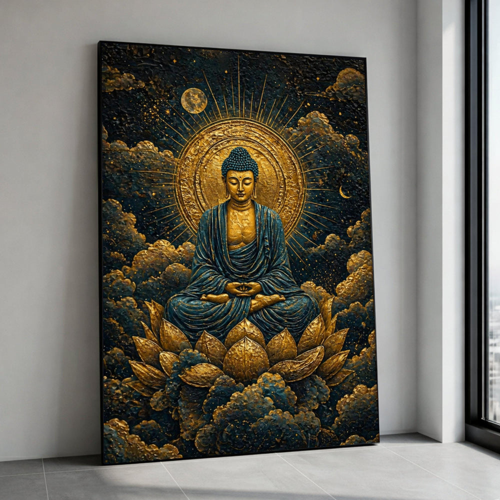 Meditative Buddha on Lotus Canvas, Spiritual Wall Art, Golden Halo Design, Zen Home Decoration, Peaceful Meditation Canvas Canvas Print Art