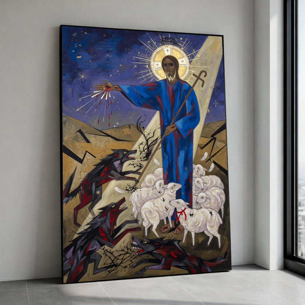 Shepherd of Light Canvas, Religious Christian Wall Art, Jesus Protecting Sheep, Spiritual Faith Canvas, Sacred Home Canvas Print Art