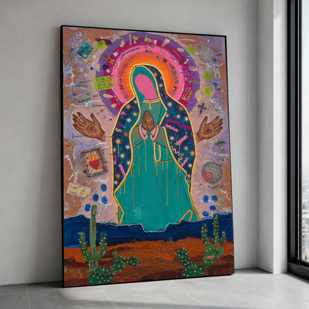 Vibrant Virgin Mary Canvas, Colorful Religious Wall Art, Prayer Pose Canvas, Southwestern Style Decoration, Sacred Canvas Print Art
