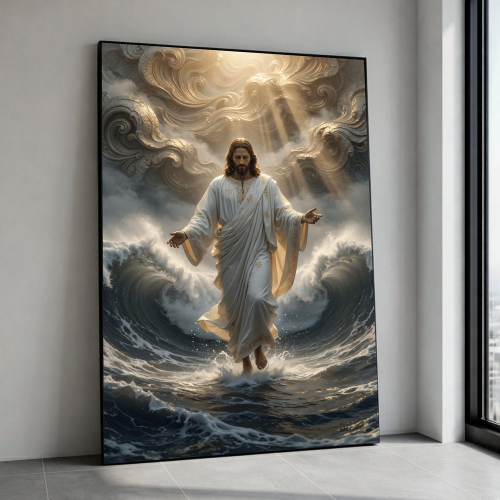 Jesus Walking on Water Canvas, Divine Religious Wall Art, Inspirational Christian Decor, Spiritual Home Decoration, Faith Canvas Print Art