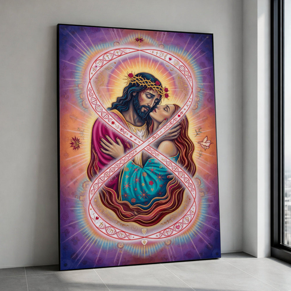Divine Embrace Canvas Wall Art, Sacred Love Painting, Inspirational Couple Art, Spiritual Romance Canvas, Radiant Light Canvas Print Art