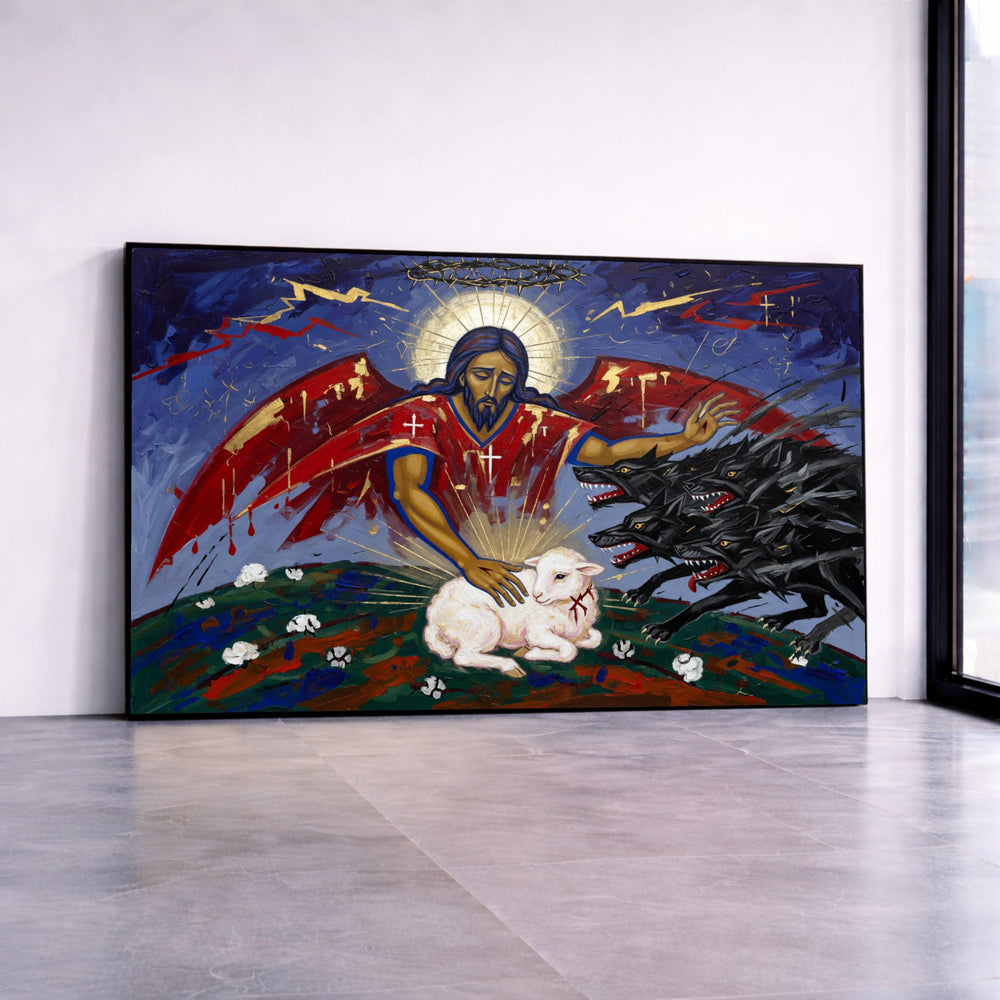 Guardian Angel Protecting Lamb Canvas, Spiritual Religious Wall Art, Christian Faith Symbol, Jesus Red Cloak Painting, Canvas Print Art