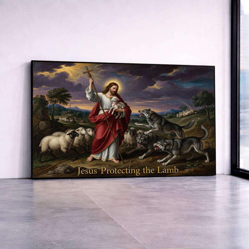 Jesus Protecting the Lamb Canvas, Christian Religious Wall Art, Spiritual Sheep and Wolves Scene, Inspirational Biblical Canvas Print Art