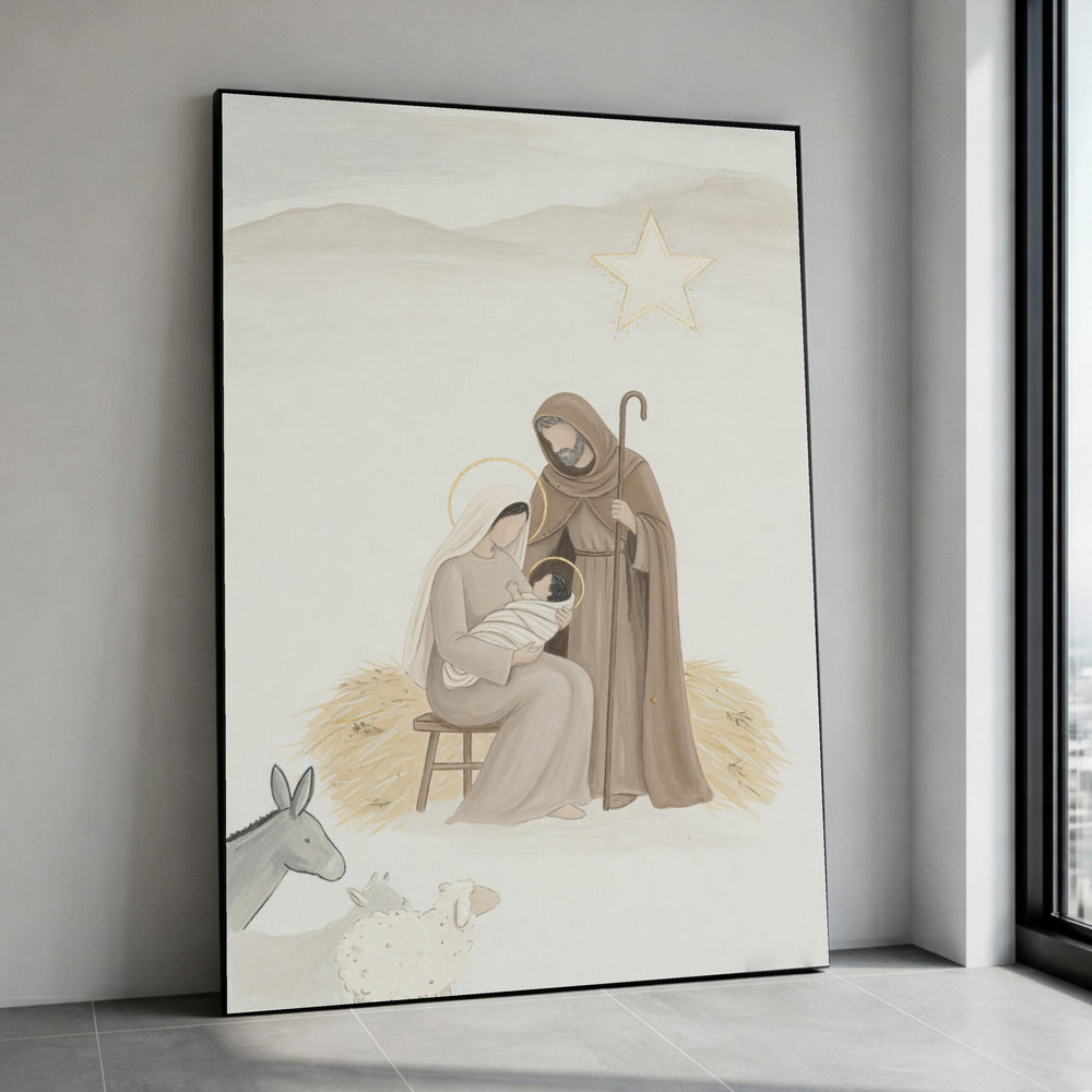 Nativity Scene Canvas Wall Art, Holy Family with Baby Jesus, Religious Christmas Decoration, Shepherd and Animals Artwork, Canvas Print Art