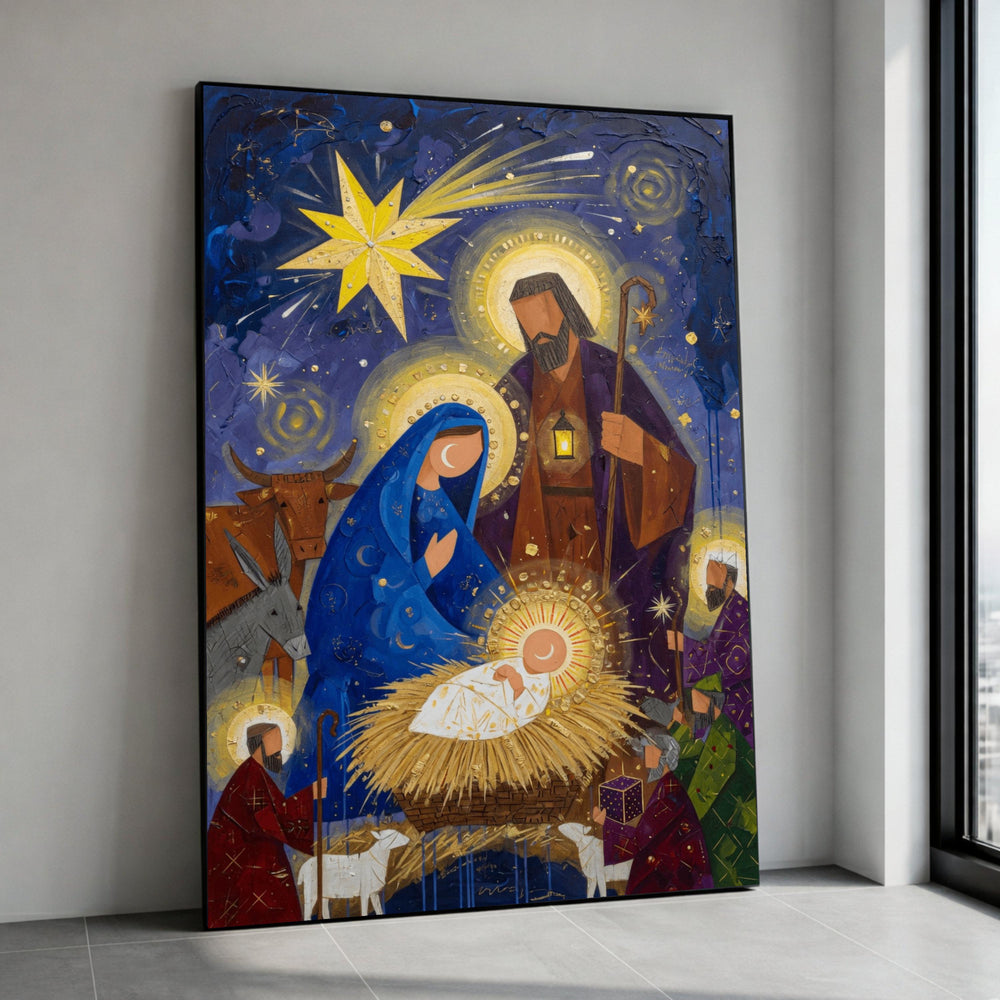 Nativity Scene Canvas Wall Art, Modern Holy Family Painting, Christmas Manger Decoration, Religious Canvas Art, Spiritual Canvas Print Art