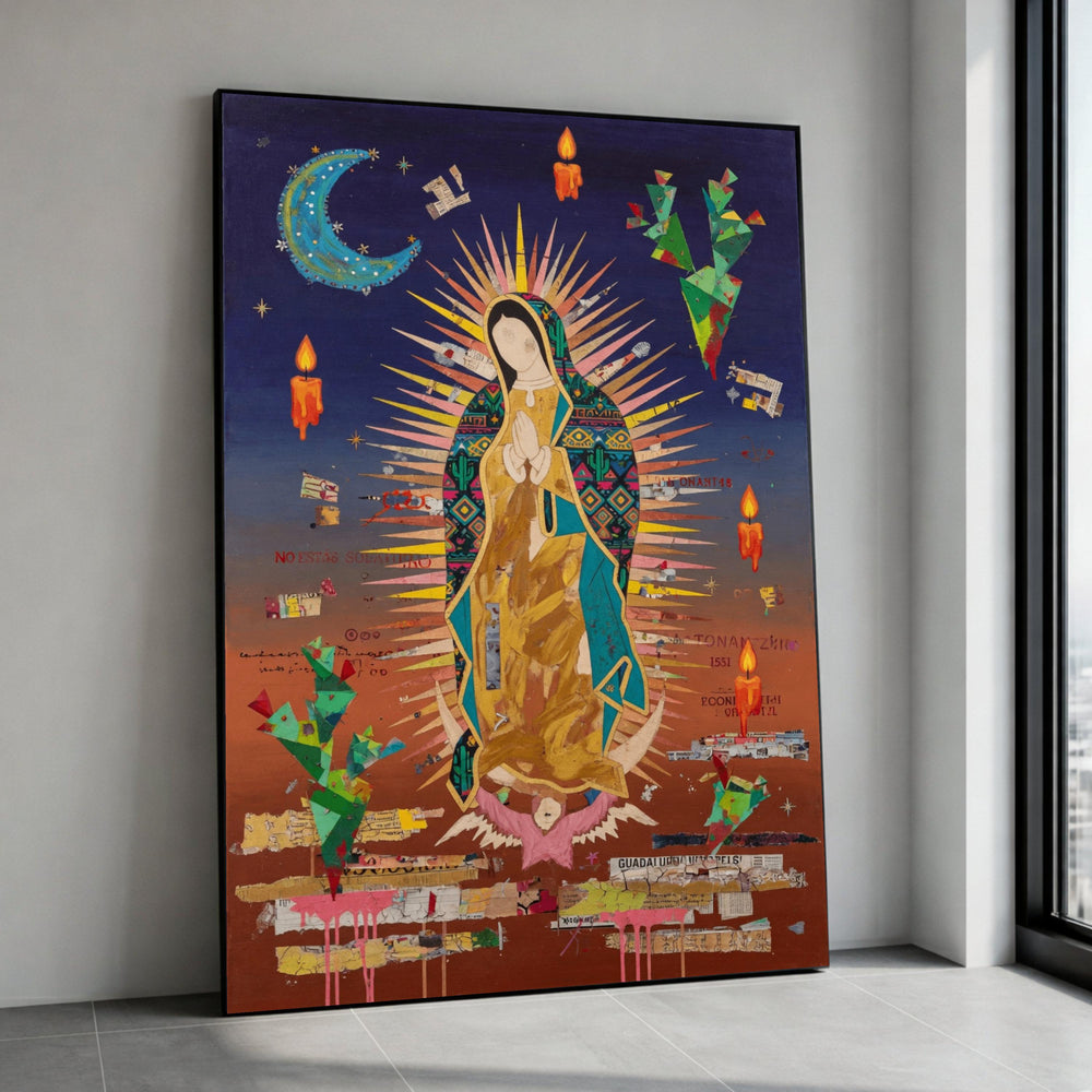 Vibrant Virgin of Guadalupe Canvas Wall Art, Mexican Folk Art Religious Painting, Colorful Spiritual Home Decoration Canvas Print Art