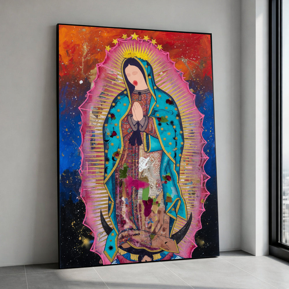 Vibrant Virgin Mary Canvas Wall Art, Modern Religious Icon, Colorful Spiritual Home Decor, Praying Woman Painting, Ready to Canvas Print Art