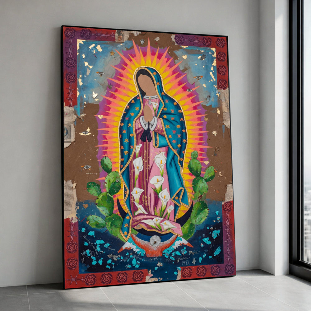 Vibrant Virgin Mary Canvas, Praying Figure Wall Art, Cactus and Calla Lilies, Colorful Religious Canvas, Mexican Folk Art Canvas Print Art