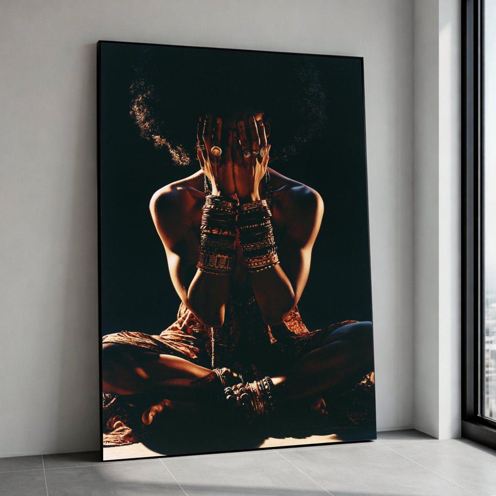 Bohemian Style Woman with Bracelets and Rings, Dark Moody Portrait Canvas, Ethnic Jewelry Wall Art, Artistic Home Canvas Print Art